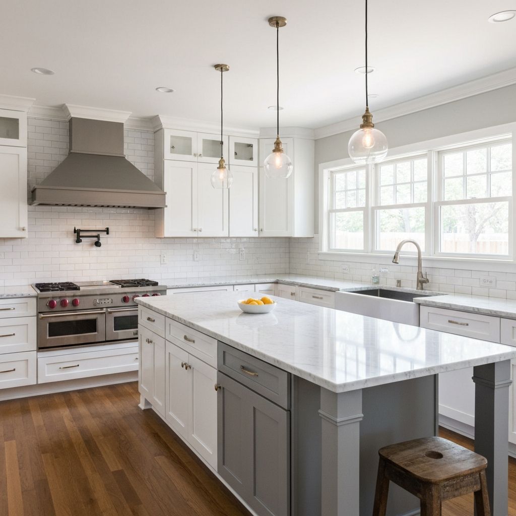 Modern kitchen renovation with white cabinets and marble countertops