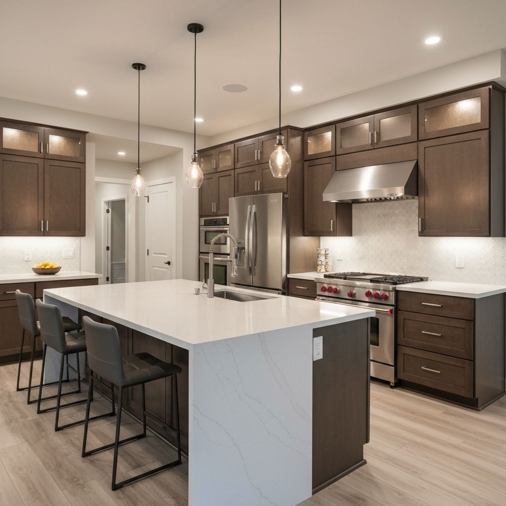 Custom kitchen island with pendant lighting